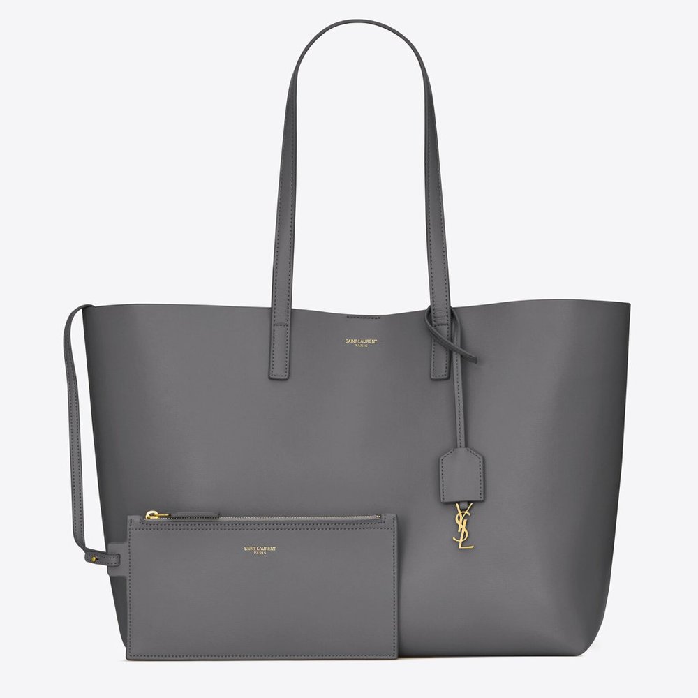 $1490 Saint Laurent Leather Shopping Tote Bag Color Grey/Storm, Large